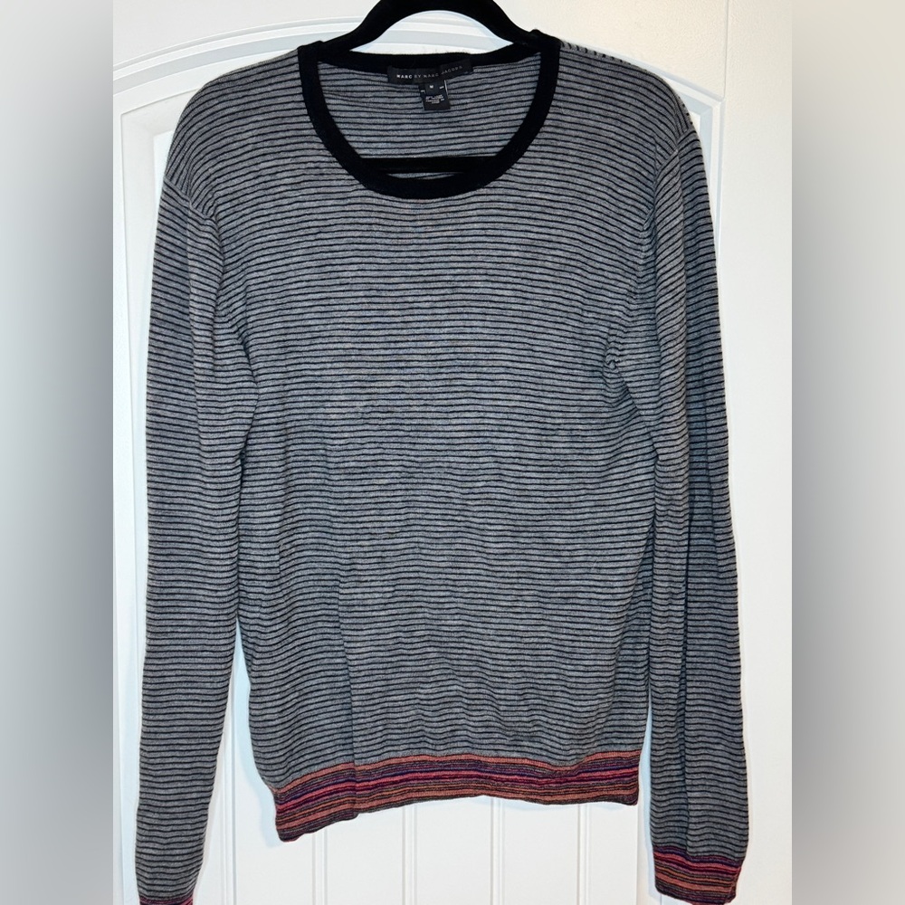 Marc By Marc Jacobs Black and Gray Striped Crewneck Sweater